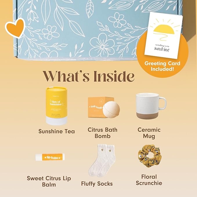 Unboxme Sunshine Spa Gift Basket for Women, Care Package with Tea, Mug, Bath Bomb, Socks, Self Care Gifts for Women, Valentine's Day, Birthday, Get Well