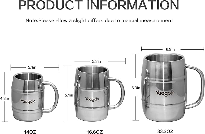 Insulated Beer Stein, 32oz Stainless Steel Double Walled Beer Mug Giant Bar Drinkware Metal Beer Cup with Big Grip Handle (32oz 1pack)