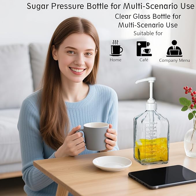 Uceoo Coffee Syrup Dispenser, Glass Syrup Bottle With Plastic Pump, 37 Oz Large Capacity Square Syrup Pump Dispensers for Coffee Bar, Simple Clear Pump Bottle for Honey, Condiments, Salad Dressings