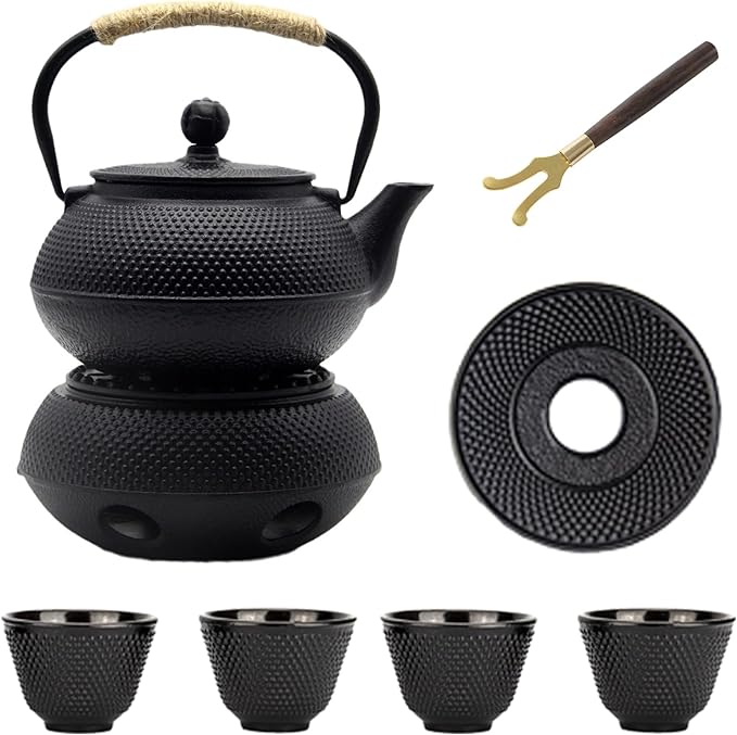 20.3oz Small Cast Iron Teapot Set with Warmer, Japanese Black Tea Kettle for Stovetop Safe, Teapot and Cups Set, Tea Pot with Stainless Steel Infuser for Loose Tea(600ml)