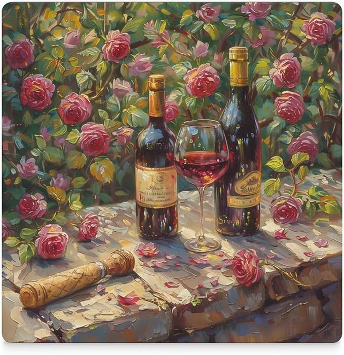 Square-6PCS Red Wine Ceramic Coasters, Square Absorbent Drink Coasters, Oil Painting Style Red Wine Floral Rose Flower Pattern Ceramic Table Coasters for Coffee, Beverage, Wine, Beer Coasters