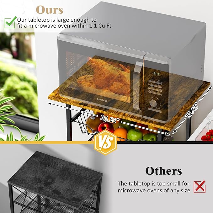 Kitchen Microwave Cart with Fruit Baskets, 5 Tier Microwave Table Stand with Fruit Vegetable Storage Small Rolling Cart on Wheels, Floor Organizers and Storage for Pantry Kitchen, Living Room