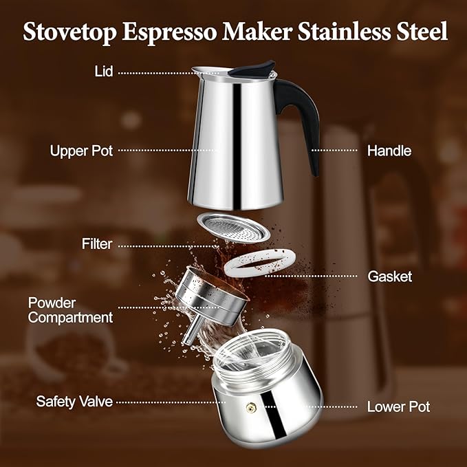 12 Cup Moka Pot Percolator Italian Coffee Maker 600ml Stovetop Espresso Mocha Stainless Steel Greca Coffee Maker Classic Cafe Makers Suitable for Induction Cookers Ceramic Stoves Straight