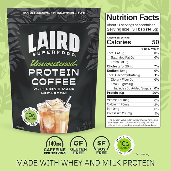 Laird Superfood Protein Coffee Powder - Unsweetened Whey Protein, Instant Coffee Mix with Lion’s Mane - 10G Protein, 140mg Caffeine, 0g Sugar