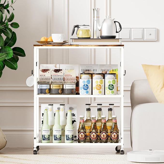 Abiglifty 3-Tier Rolling Kitchen Cart, Microwave Cart with Lockable Wheels, Kitchen Utility Cart, Mobile Microwave Stand with Storage for Living Room, Office, Balcony, Bathroom,White