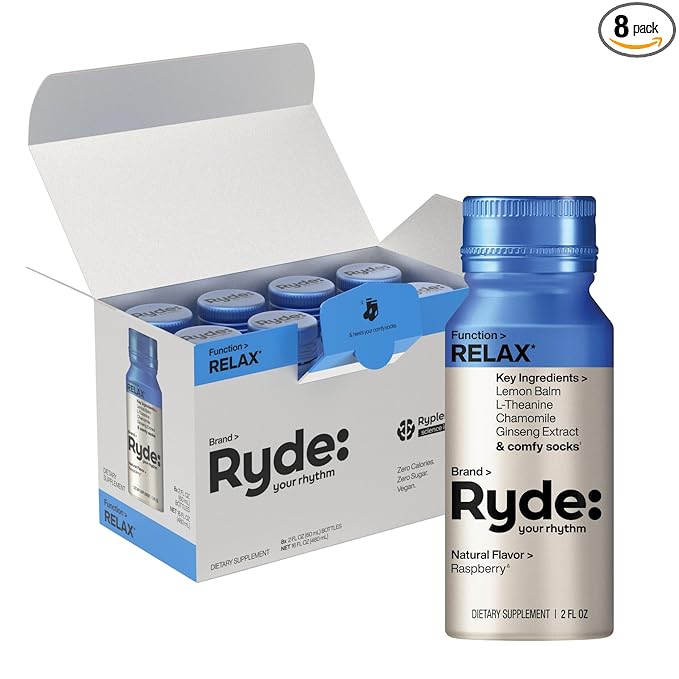 Ryde: Relax Shot | Raspberry Flavor | Lemon Balm, L-Theanine, Ginseng & Chamomile | 0 Calories, 0 Sugar | 2 FL OZ Shots | Helps You Relax* (8 Pack)