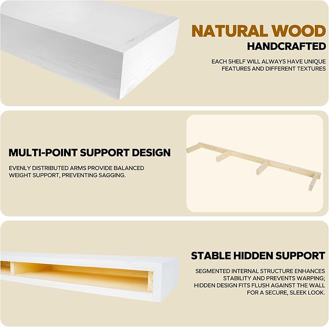 Floating Shelves 3 inch Thick for Wall Set of 2,Solid Pine Wood Wall Mount Shelf for Kitchen Living Room Bedroom Bathroom,8" D x 48" L x 3" H-White