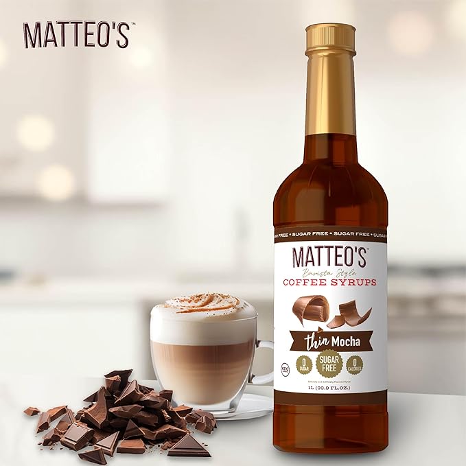Matteo's Mocha Syrup for Coffee, Lattes, Cappuccinos & Desserts – Sugar-Free Sweetener for Beverages, Keto Friendly, Zero Calories, Indulgent Flavor, Non-Alcoholic, Ideal for Hot Drinks 33.8oz (1pk)