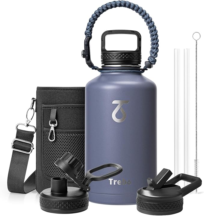 Trebo Water Bottle 64oz with Paracord Handle, Half Gallon Large Vacuum Double Wall Stainless Steel Insulated Water Jug with Holder Strap Straw Spout Lids, Leakproof Keep Cold & Hot, Grayish purple
