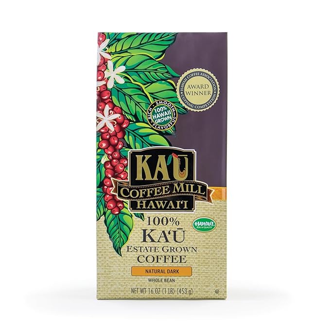Ka'u Coffee Mill Natural Dark Roast Whole Bean Coffee - Fruit, Spice, Cocoa & Molasses Notes - Handpicked & Naturally Processed Hawaii Grown Arabica Beans - Gourmet Premium Small Batch - 16oz
