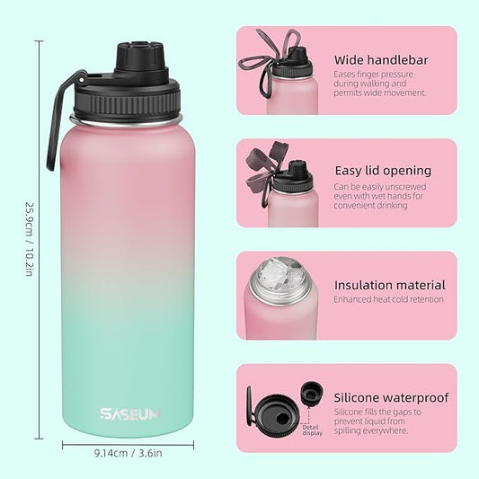 SASEUM Insulated Stainless Steel Water Bottles 32oz with Spout Lids Metal Vacuum Thermal Large Water Jug Leak-proof Reusable Flask for Sports Gym and Travel,Pink-Green