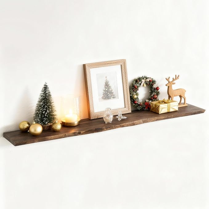 Reclaimed Elm Wood Floating Shelf for Wall, Live Edge 55"W x 9.2"D x 1.4"H, 1 Pack with Invisible Bracket, Large Wall Mounted Shelf for Living Room Bedroom Kitchen Bathroom Decor, Walnut Finish