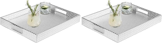 HofferRuffer Rectangle Serving Tray with Hole Handles for Coffee Table, Breakfast, Tea, Food, Butler - Countertop, Kitchen, Vanity Serve Tray, 16.2 x 12.2 x 2 inches, Faux Leather (Silver) (Pack of 2)