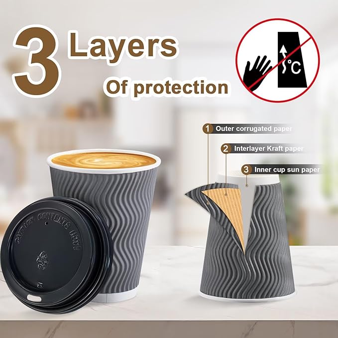 Clawsoff 100 Pack 12 oz Disposable Coffee Cups with Lids, Insulated Ripple Wall To-Go Paper Coffee Cups Suitable for Chocolate Cocoa and Hot/Cold Drinks (Grey)