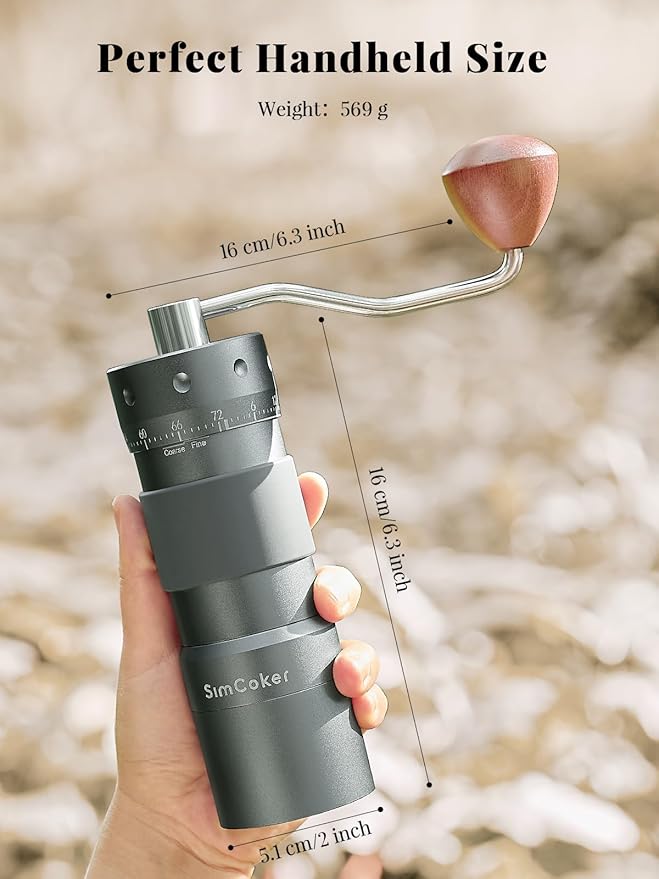 SimCoker Manual Coffee Grinder, 16μm/Click, Espresso Grinder with CNC Stainless Steel Conical Burr, Numerical External Adjustable Setting, Aluminium Body, Compatible with Drill, Grey