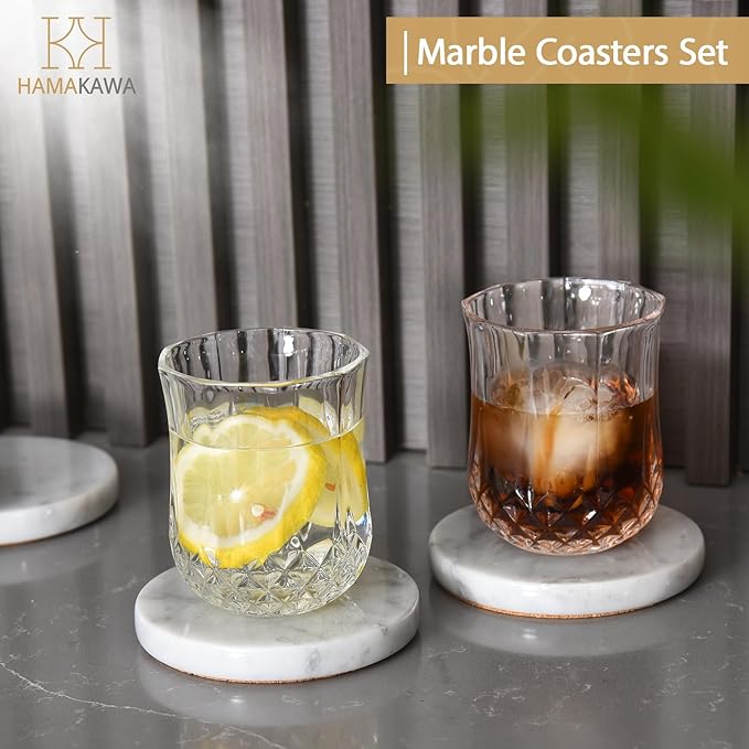 Real Natural Marble Coasters Set of 4, Carrara White Coaster 4 inch, Modern Round Stone, Trendy Drink Coasters for Coffee Table, Kitchen Decor, Office