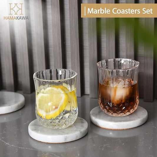 Real Natural Marble Coasters Set of 4, Carrara White Coaster 4 inch, Modern Round Stone, Trendy Drink Coasters for Coffee Table, Kitchen Decor, Office