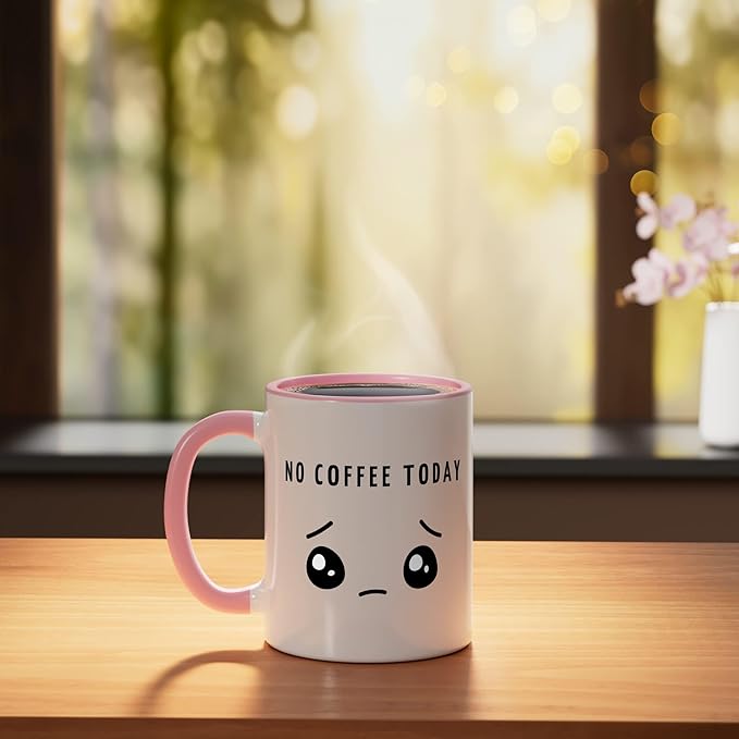 No Coffee Today - Minimalist Sad Face Caffeine Lover Ceramic Mug, Pink/White