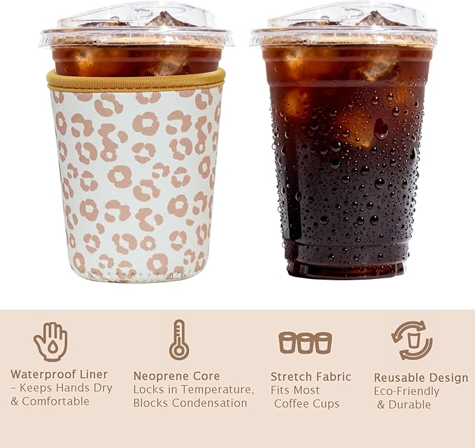 Reusable Insulated Sleeve for Iced Coffee Cup, Coffee Neoprene Sleeve for Cold & Hot Drinks, Beverage Holder for Iced Coffee (Leopard Grace, Small: 16-18oz)