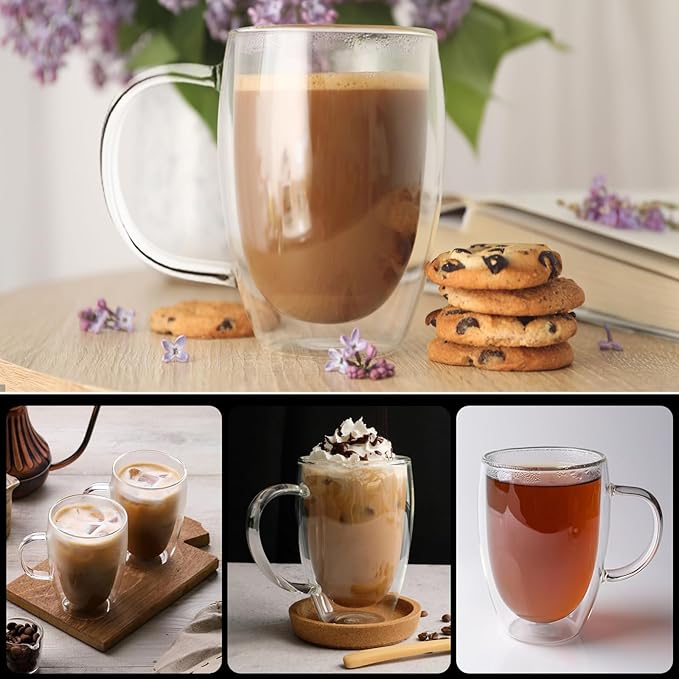 16 Oz Insulated Glass Mugs – Double Wall Coffee Mugs for Tea, Cappuccino, Iced Coffee, Latte, Hot Beverages – Microwave & Dishwasher Safe, Set of 2