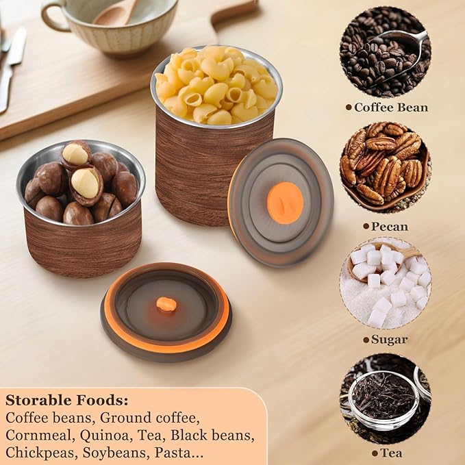 Brown Wood Pattern Airtight Food Canister, 17oz Stainless Steel Storage Jar for Coffee Beans Tea Grains Snacks, Kitchen Organizer Decor