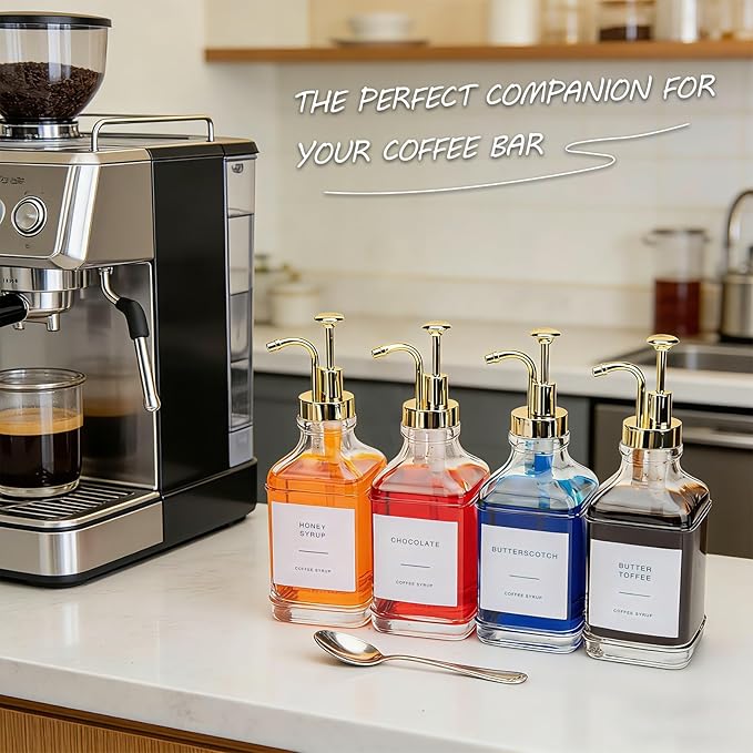 Coffee Syrup Dispenser, Set of 4 Glass Coffee Syrup Bottles 500 ml/16.9 fl oz, Coffee Dispenser with Pump, Includes Funnel and Labels for Coffee Bar (Gold)