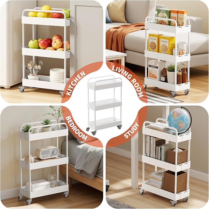 HOTEAGLE 3-Tier Rolling Cart Metal Expandable Utility Carts with Wheels, Ideal Storage Organizer for Livingroom, Bedroom, Kitchen and Bathroom, White