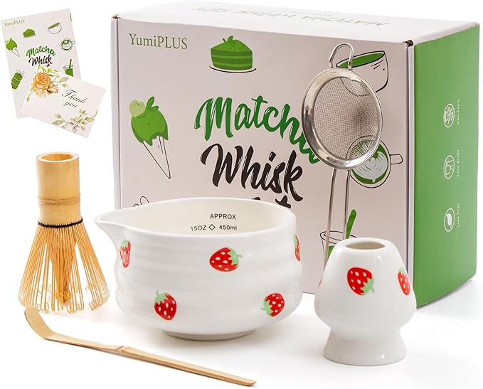 5pcs Premium Matcha Set,Ceramic Bowl with Spout and Bamboo Whisk set, Ceremonical Matcha Kit for breakfast/latte,Tea Starter Making Kit,Unique Matcha Gift set (strawberry)