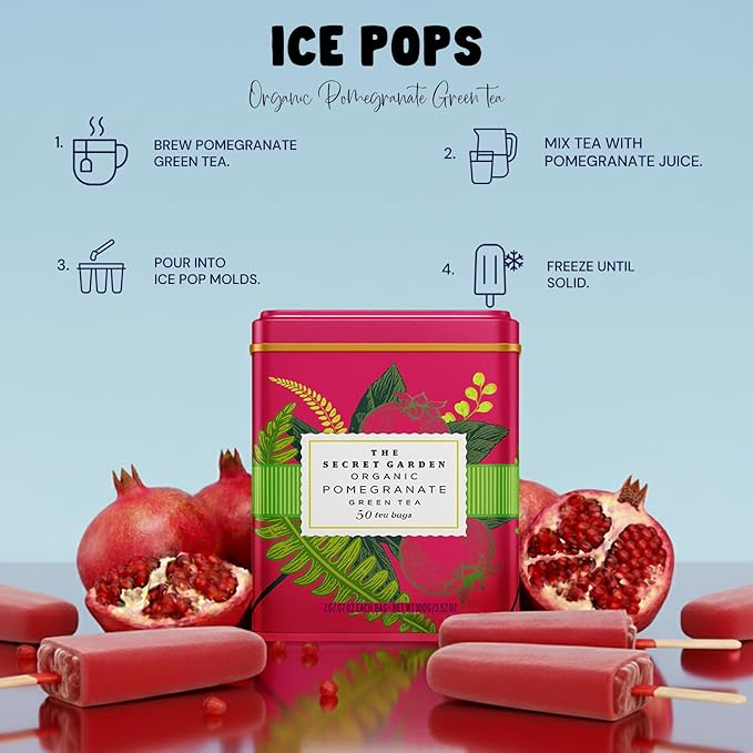 Life Plus Style Gourmet The Secret Garden Organic Pomegranate Green Tea Natural Caffeinated Herbal Leaf 50 Tea Bags Gift Tin USDA Certified Non-GMO Sugar Free Green Tea