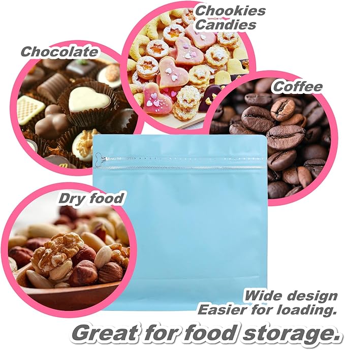 60 Pack High Barrier Stand-Up Coffee Bean Bags with Vented Valve Matte Metallic Heat-Sealable & Resealable Solid Color Pouches (Square,5.3 * 5.5 inch,1/4 lb,Daphne Blue)