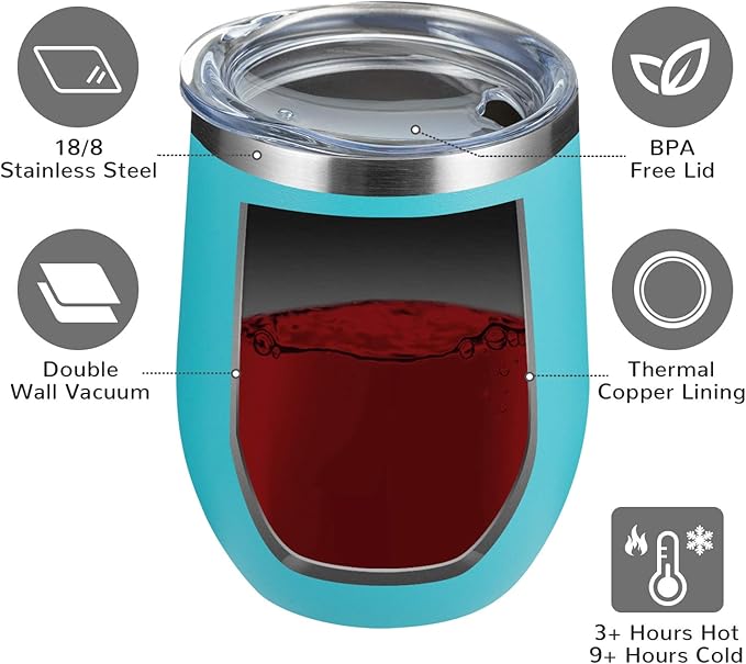MEWAY 12oz/12 Pack Wine Tumbler Glasses with Lid -Double Wall Vacuum Stainless Steel Travel Tumbler Mug,Stemless Insulated Wine Cup for,Coffee,Cocktails (Turquoise,Set of 12)