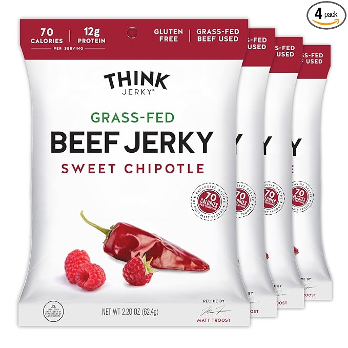 Think Jerky Sweet Chipotle Beef Jerky, Grass-Fed High Protein Beef Jerky, Gluten Free, No Antibiotics or Nitrates, Healthy Chef Crafted Recipe, Low Calorie and Low Fat - 2.2 oz Bags, 4 Pack