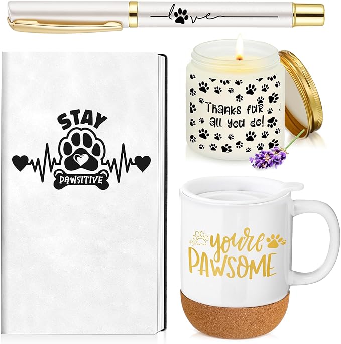 4 Pcs Veterinary Gifts Set White Thank You Gift for Cat Dog Groomers Trainer Coffee Mug Scented Candle Notebook Pen for Vet Tech Veterinary Assistant Receptionist Dog Sitter Daycare Coworker