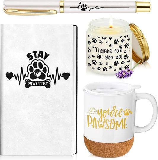 4 Pcs Veterinary Gifts Set White Thank You Gift for Cat Dog Groomers Trainer Coffee Mug Scented Candle Notebook Pen for Vet Tech Veterinary Assistant Receptionist Dog Sitter Daycare Coworker