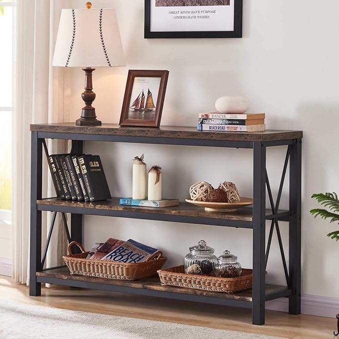 BON AUGURE Industrial Coffee Bar Cabinet for Home, Rustic Console Table Behind Couch, Wood and Metal Furniture Set for Living Room(Rustic)
