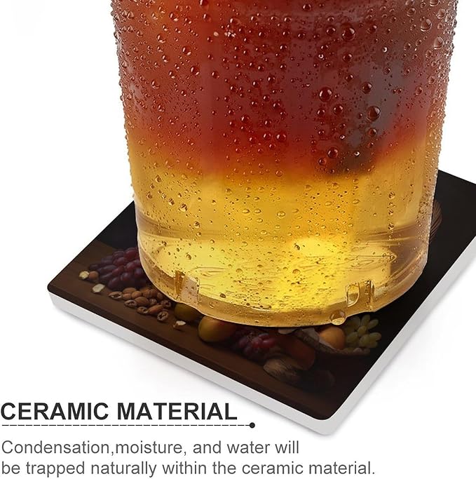 Red Wine Drink Coasters, Square Ceramic Drink Coaster Square-6PCS, Red Wine Bottle and Grapes on Wood Fruit Print Decor Absorbent Ceramic Coasters for Beverage Cup, Bar, Coffee Table