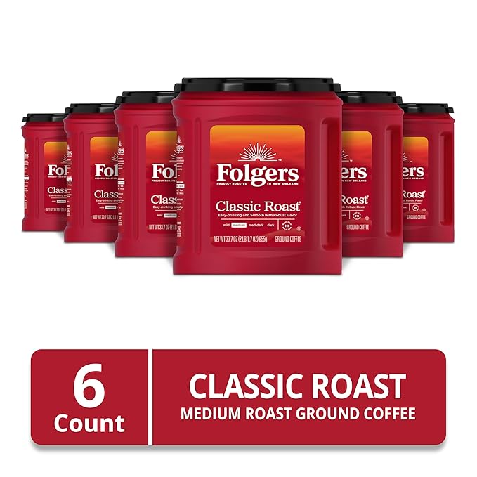 Folgers Classic Roast Ground Coffee, Medium Roast, 33.7 Oz. Canister (Pack of 6)