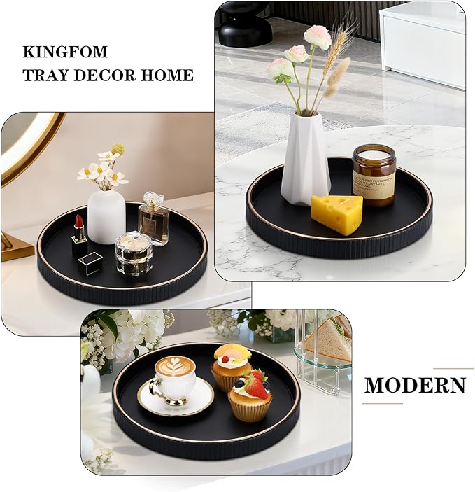 KINGFOM Round Decorative Tray for Coffee Table, PU Leather Valet Nightstand Desk Organizer for Men Women, Golden Trim Tray for Home Decor Living Room Dining Table, Perfume Trays Organizer Black