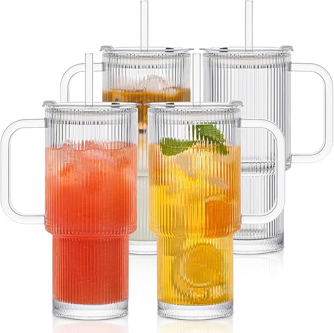 INSETLAN 26oz Ribbed Glass Tumbler with Handle & Lid – 4-Pack Large Iced Coffee Cups with Straws, Modern Glass Mug for Cold & Hot Beverages, Aesthetic Travel Cup for Smoothies, Tea, and Juice