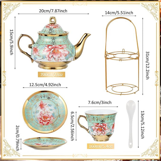 Zhehao 20 Pcs Porcelain Tea Set with Metal Holder and Spoon Adult Ceramic Tea Set European Flower Painting Teapot Cup Saucer Spoon for Women, Large Version (Fresh Style)