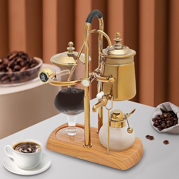 DEIGEHJRE Belgian/Belgium Family Balance Siphon/Syphon Coffee Maker, Elegant Double Ridged Fulcrum with Tee handle (Classic Gold,400ml/13.53oz)
