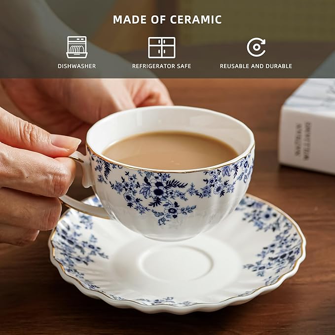 ceramic tea cups and saucers 6oz,floral tea cups for Coffee, Latte, Cafe Mocha and Tea (Little Blue Flowers)