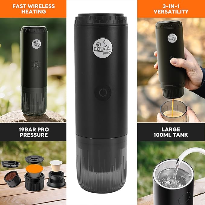 NOENNULL Portable Coffee Maker for Travel 19bar USB Rechargeable Cordless Portable Espresso Machine for Coffee Grounds & Capsules, Ideal for Camping, Hiking, Office, RV
