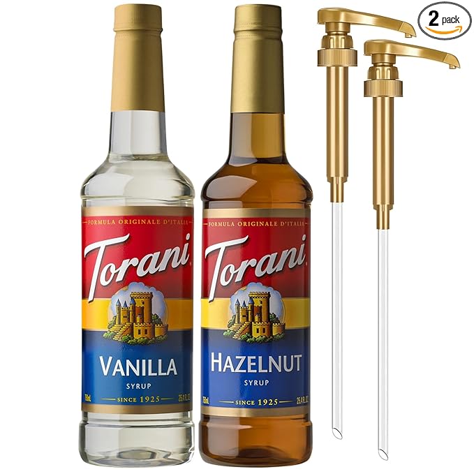 Torani Syrups, Hazelnut and Vanilla Syrup Variety 2-Pack, Coffee Syrups for Drinks, Pumps Included, 25.4 Fl Oz Ea
