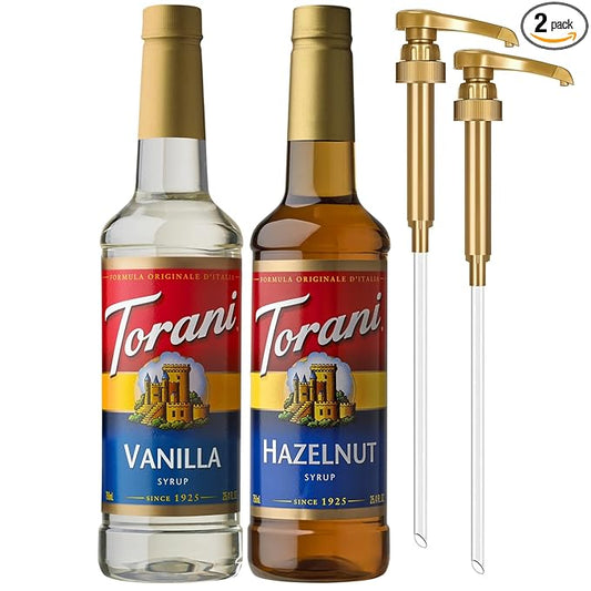 Torani Syrups, Hazelnut and Vanilla Syrup Variety 2-Pack, Coffee Syrups for Drinks, Pumps Included, 25.4 Fl Oz Ea