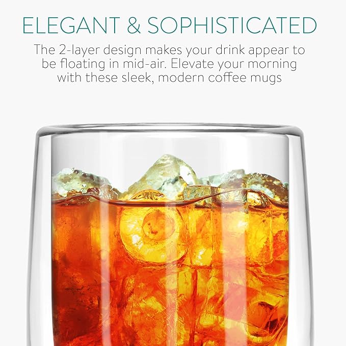 Navaris Double Wall Glass Cups - Thermal Insulated Drinking Glasses for Coffee, Tea, Latte, Cappuccino, Hot & Cold Drinks - 12 oz Each (Set of 4)