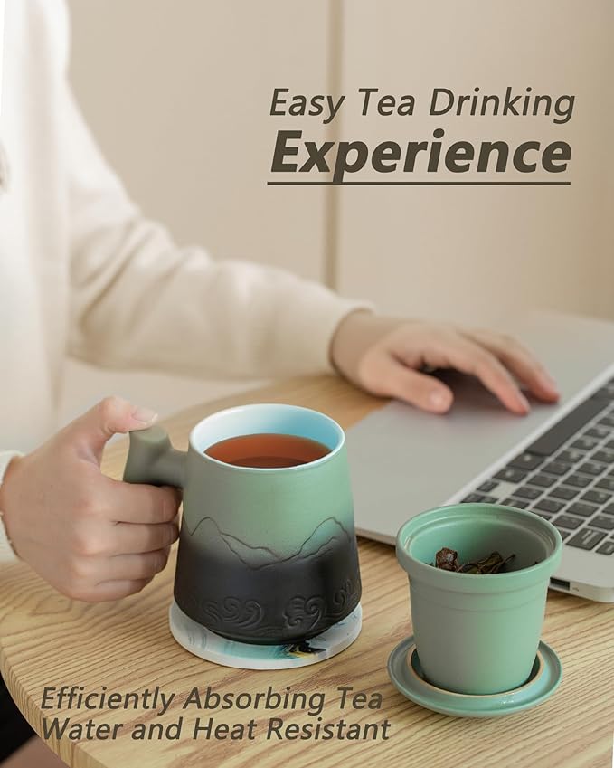 ZENS Tea Mug with Infuser and Lid for Loose Leaf Tea Steeper, 15.2oz Ceramic Tea Cup with Fine Tea Strainers and Absorb Coaster, Wood Handle Large Diffusers Mugs Tea Lovers Gifts