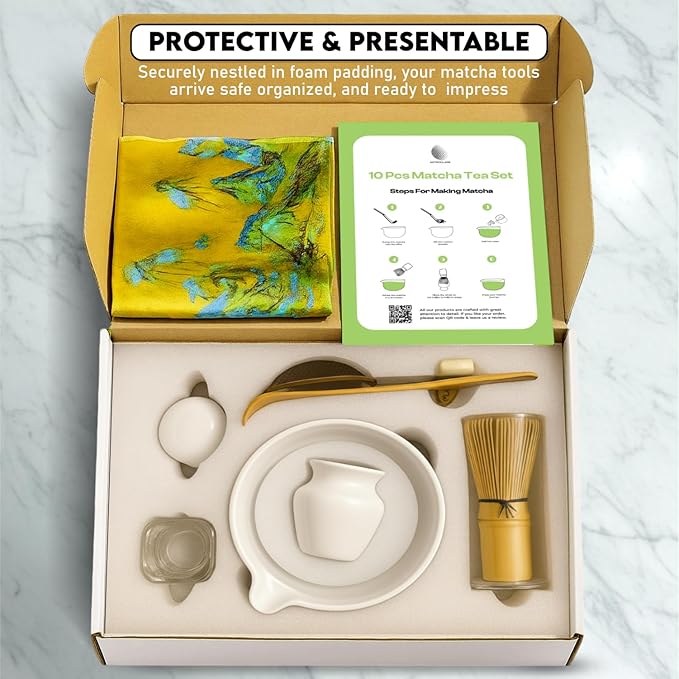 10-Piece Matcha Whisk Set | Complete Matcha Tea Kit with 17oz Ceramic Bowl, Bamboo Whisk & Scoop, Whisk Holder, Stainless Steel Sifter, Measuring Cup, Powder Caddy, Tea Towel | Gift-Ready Matcha Set