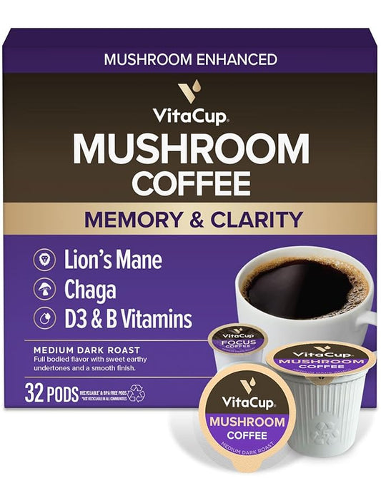 VitaCup Mushroom Coffee Pods, Boost Focus & Immunity w/Lions Mane, Chaga, B Vitamins, D3 for Memory & Clarity, Medium Roast, Single Serve Pod Compatible w/Keurig K-Cup Brewers,32 Ct
