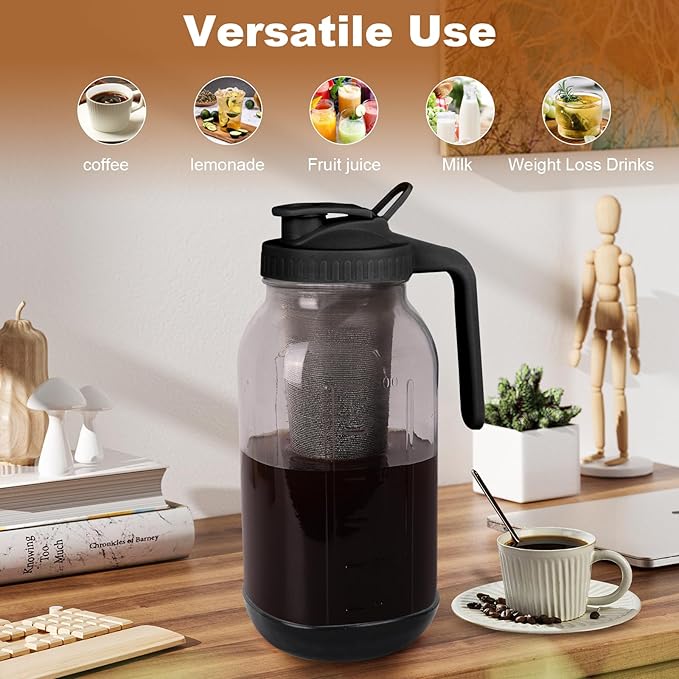 Cold Brew Coffee Maker, 64oz Mason Jar Pitcher with Stainless Steel Filter, Leak-Proof Lid with Pour Spout & Handle, Heavy Duty Glass Iced Coffee Tea Brewer with Protective Silicone Sleeve-Black
